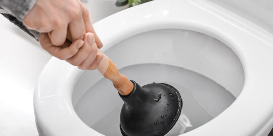 Young,Woman,Using,Plunger,To,Unclog,A,Toilet,Bowl